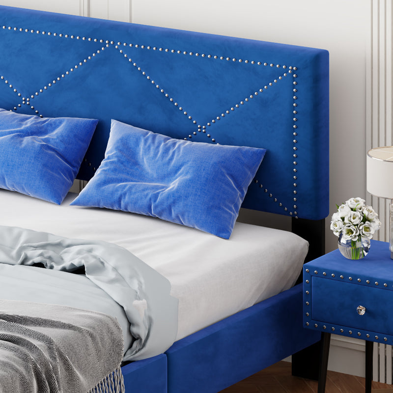 4-Pieces Bedroom Sets Queen Size Upholstered Bed Frame with Rivet Design,Nightstands and Tufted Storage Ottoman,Blue