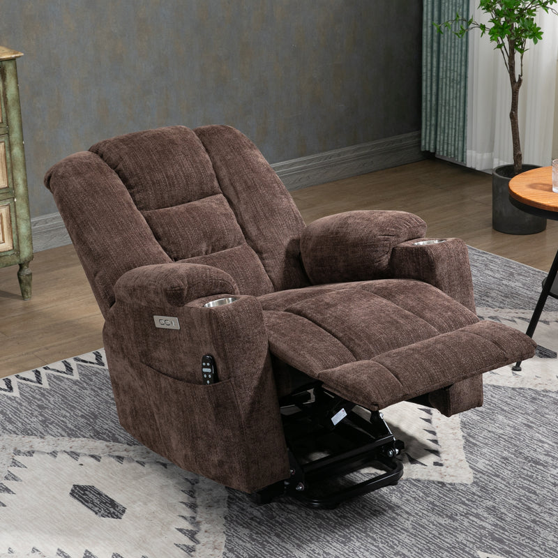 EMON'S Large Power Lift Recliner Chair with Massage and Heat for Elderly, Overstuffed Wide Recliners, Heavy Duty Motion Mechanism with USB and Type C Ports, 2 Steel Cup Holders, Brown