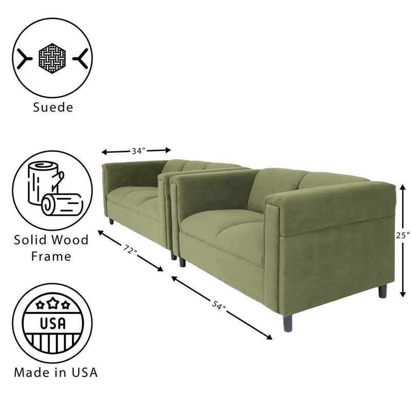 Green Suede Loveseat and Sofa Set for Living Room, Modern Décor Couch Sets for Living Room, Bedrooms with Solid Wood Frame