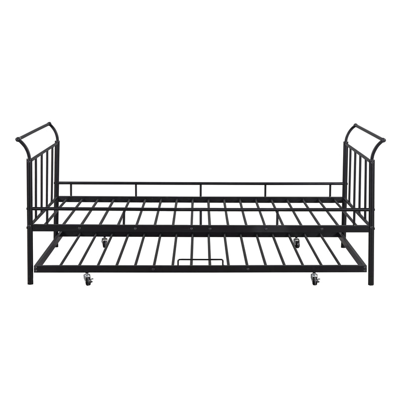 Twin Size Metal Daybed with Curved Handle Design and Twin Size Trundle, Black